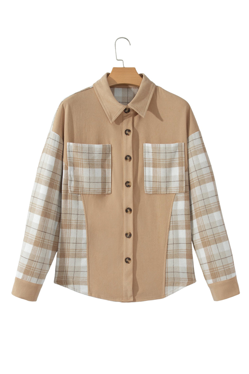Plaid Colorblock Patch Pocket Buttoned Shacket