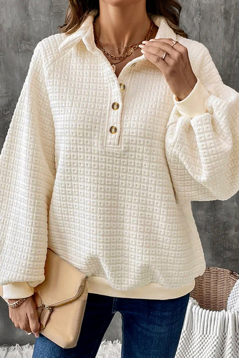 Pineapple Textured Half-Button Collared Sweatshirt