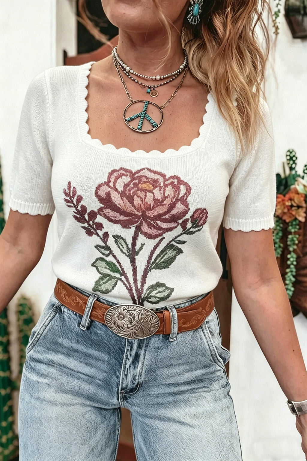 Western Floral Scalloped Square Neck Knit Top