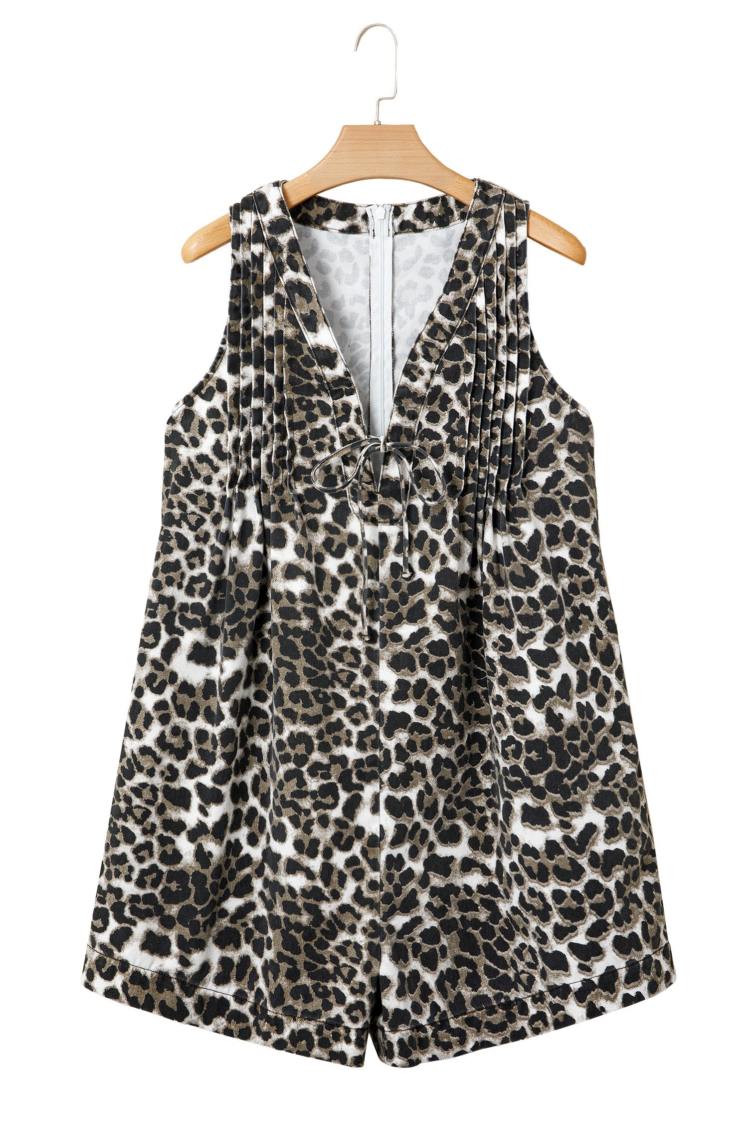 Leopard Denim Pleated Sleeveless Romper
