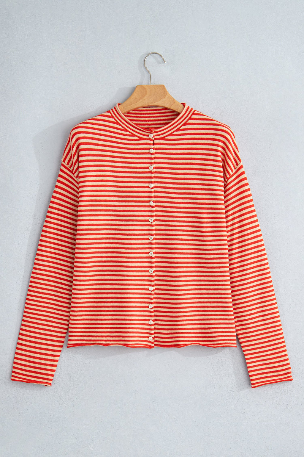 Stripe Button Collar Long Sleeve Knit Cardigan