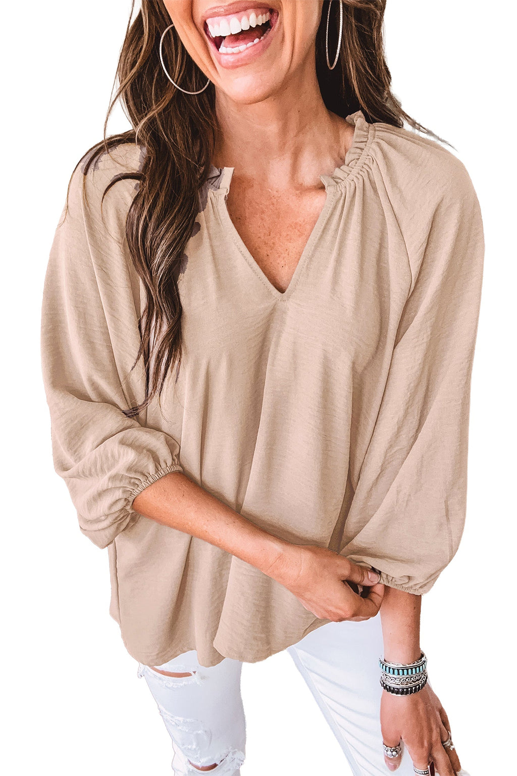 Solid Gathered Cuff 3/4 Sleeve V-Neck Blouse