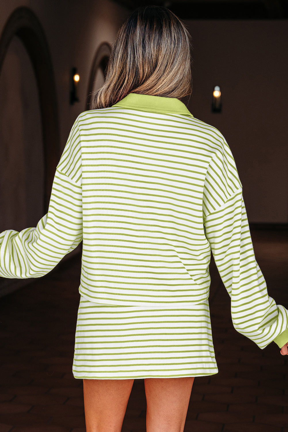 Stripe Collared V-Neck Pullover and Skort Set