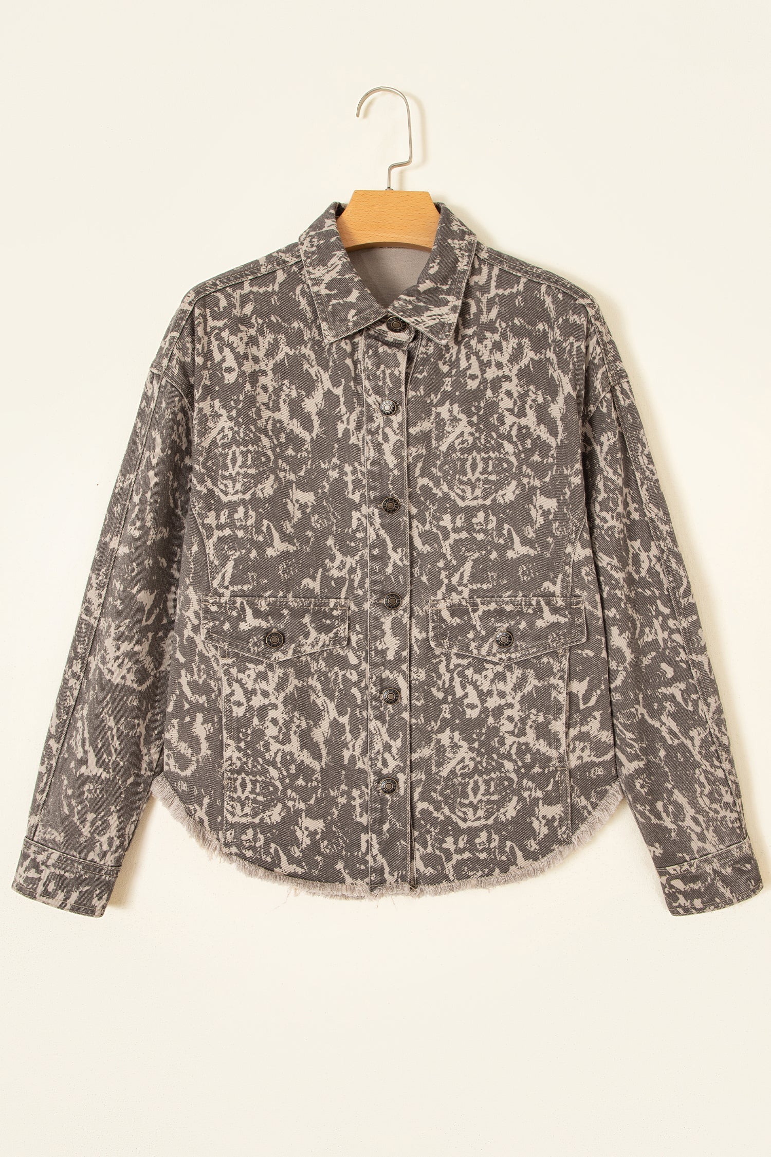 Abstract Denim Raw Hem Buttoned Collar Jacket