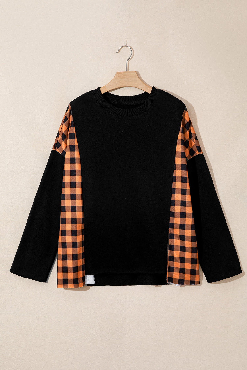 Halloween Pumpkin Gingham Patchwork Long Sleeve Top