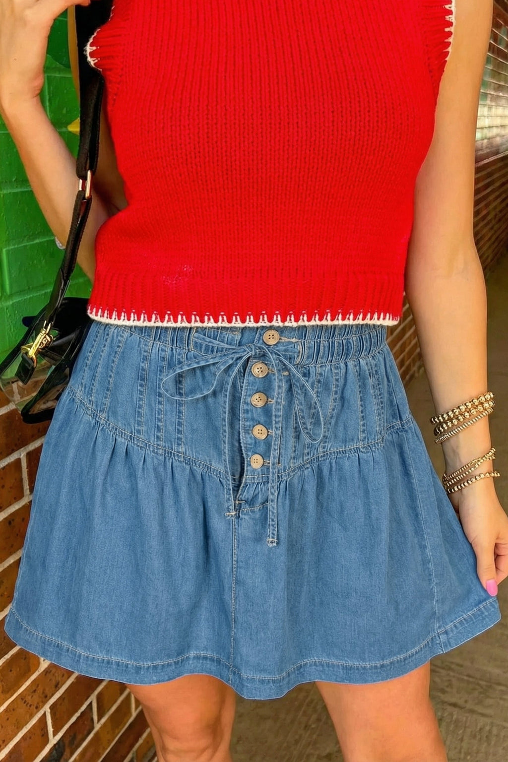 Denim Half Button Pleated Drawstring Mini Skirt