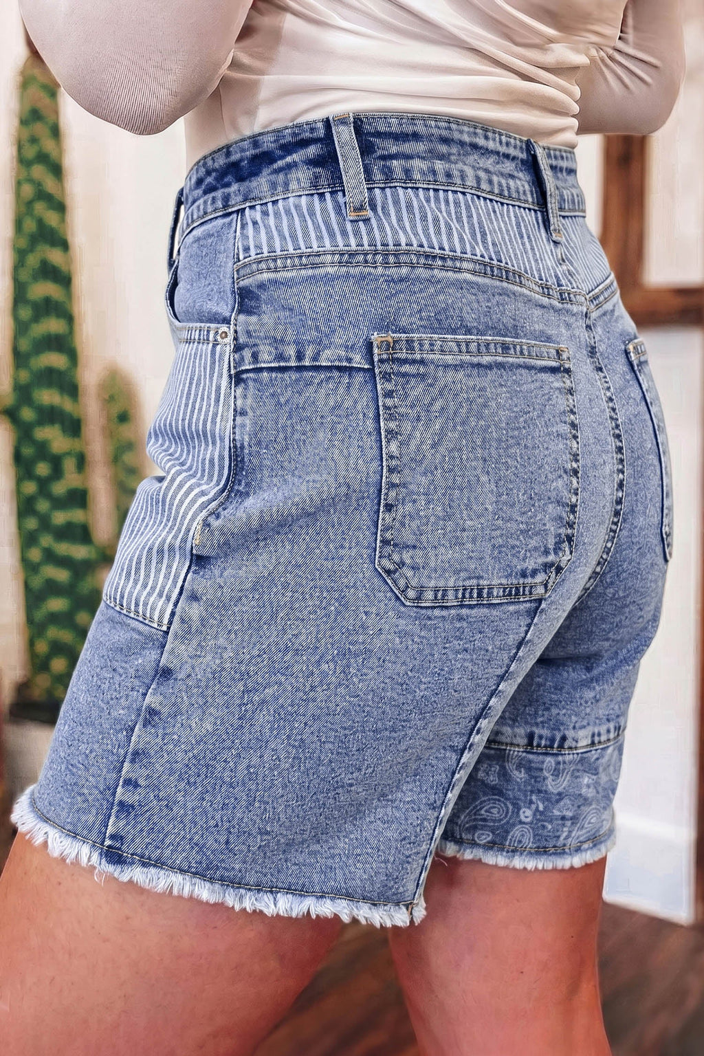 Stripe Denim Paisley Patchwork Raw Hem Shorts
