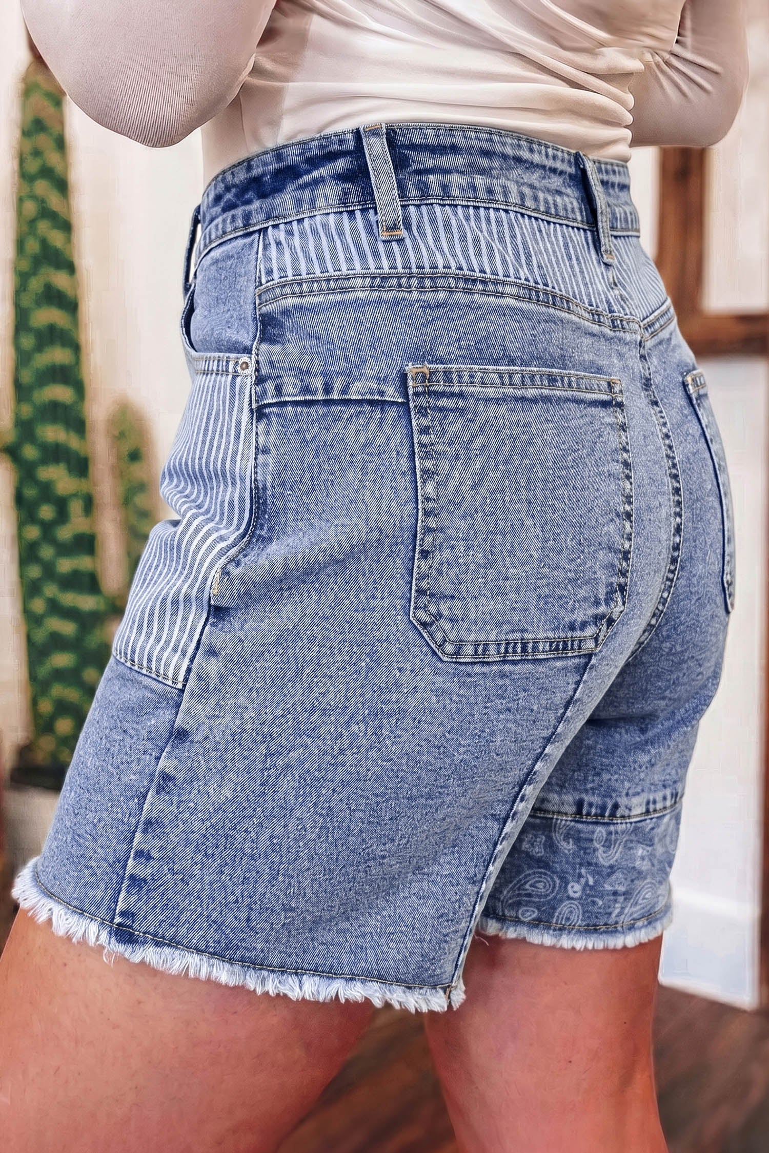 Stripe Denim Paisley Patchwork Raw Hem Shorts