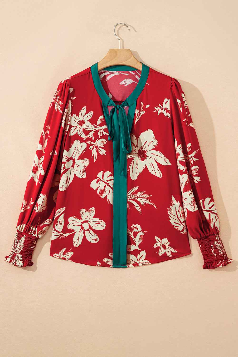 Flower Tied Neck Shirred Puff Sleeve Blouse