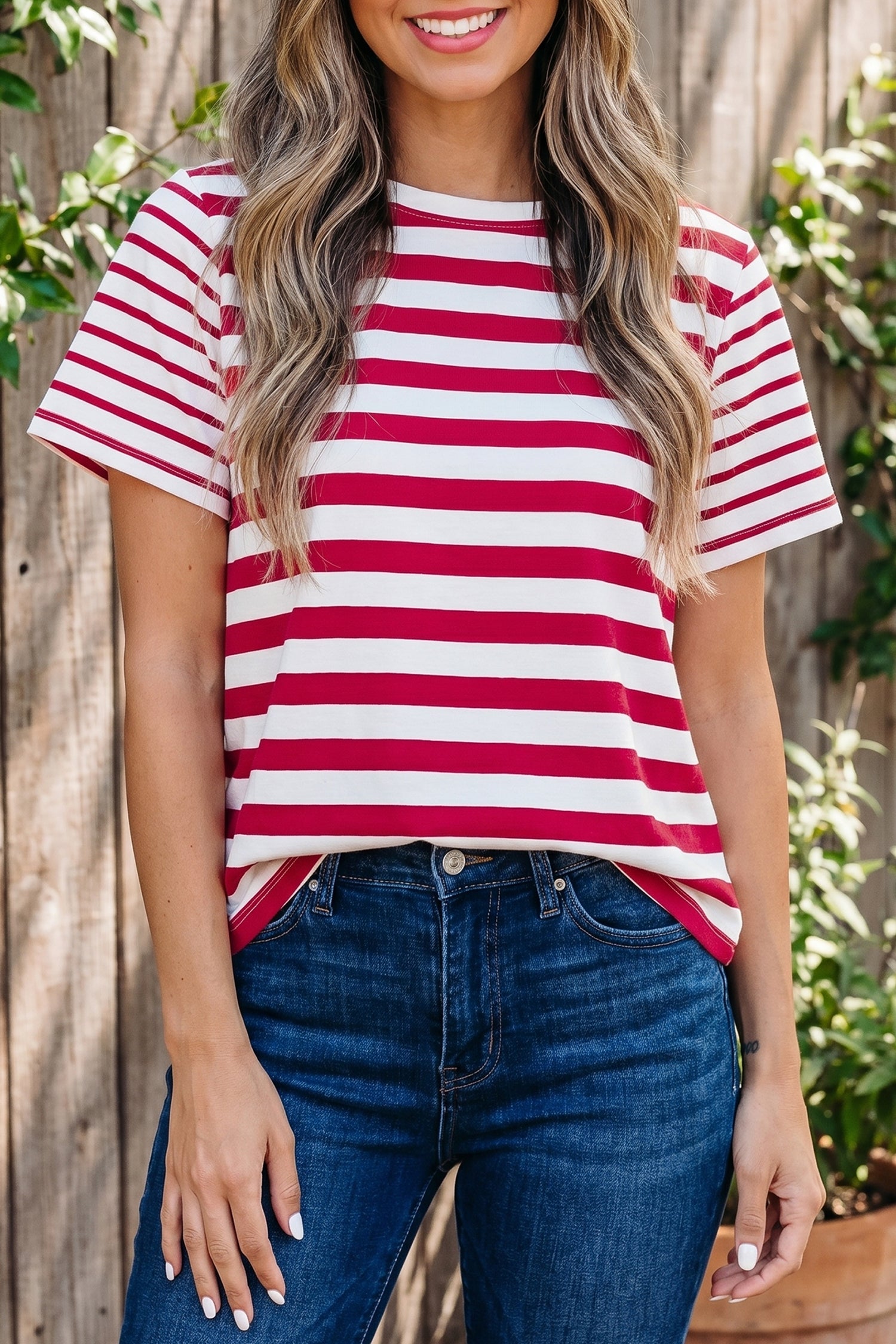 Stripe Patchwork Round Neck Short Sleeve T-Shirt