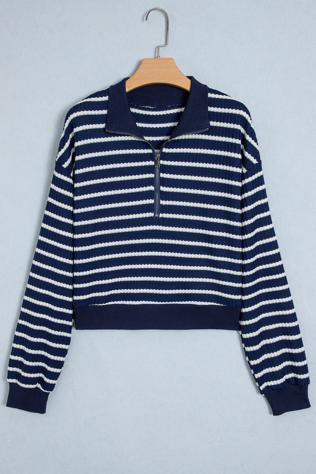 Stripe Half Zip Collared Long Sleeve Textured Knit Top
