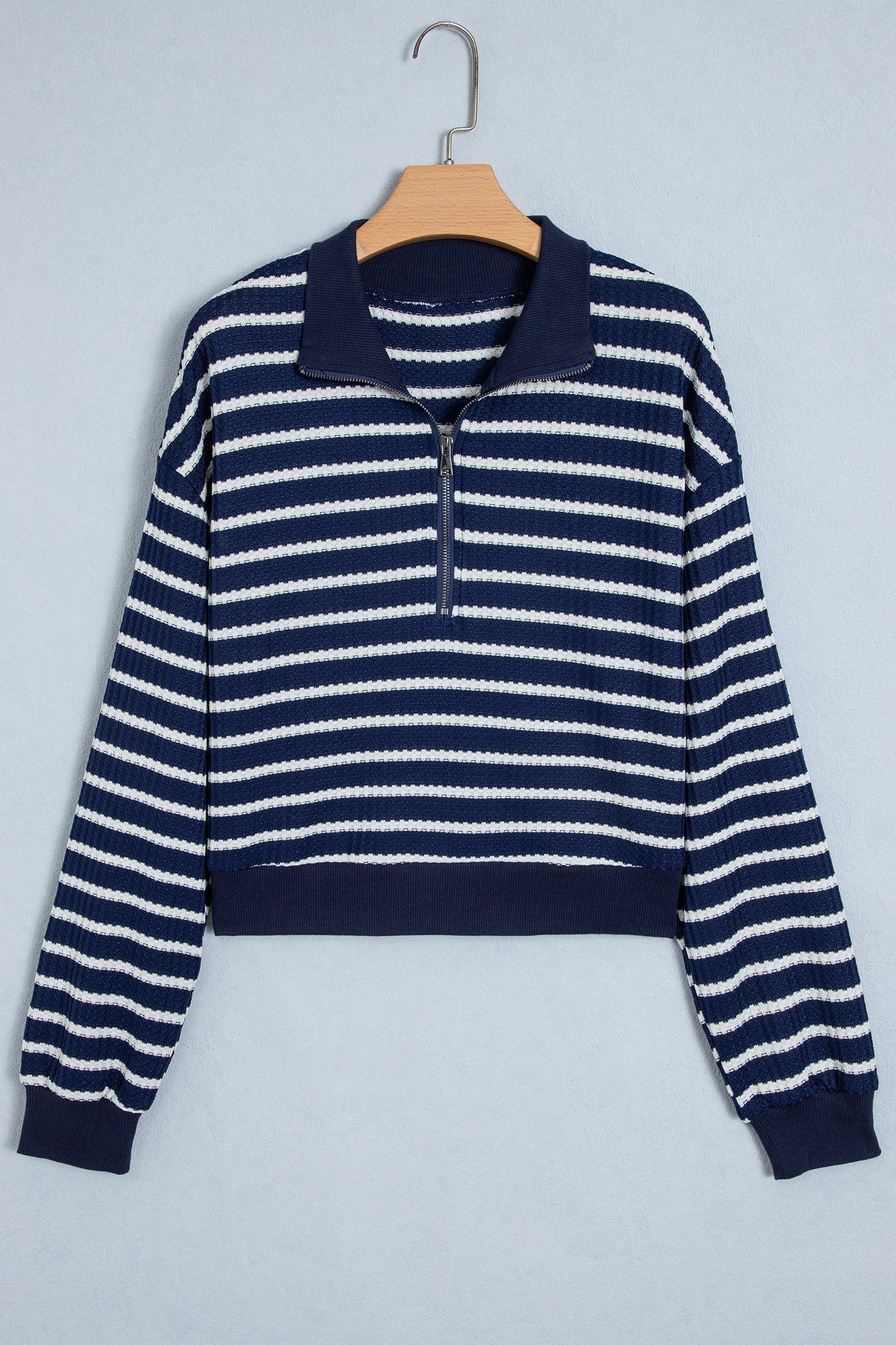 Stripe Half Zip Collared Long Sleeve Textured Knit Top