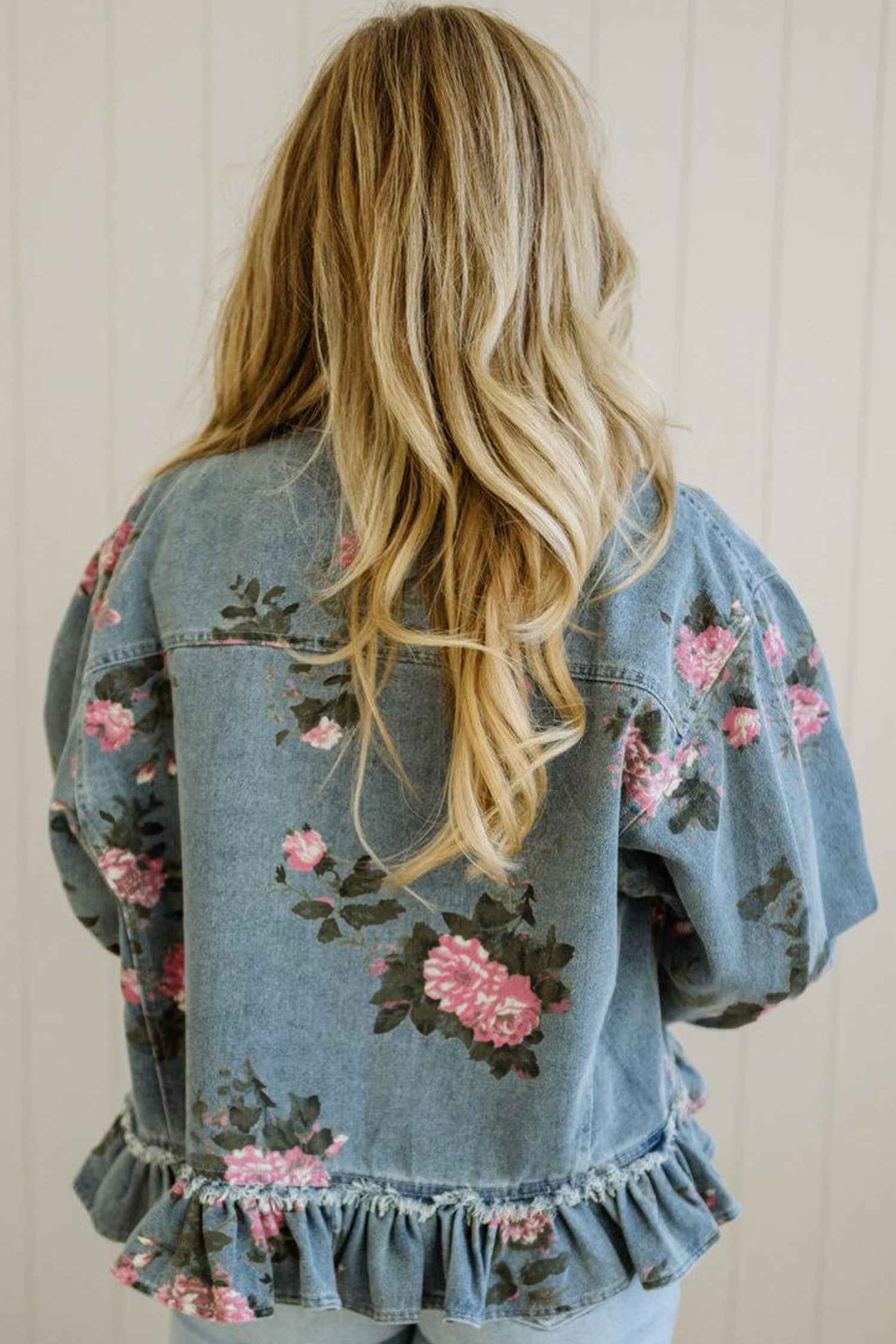 Floral Denim Raw Seam Ruffle Hem Jacket