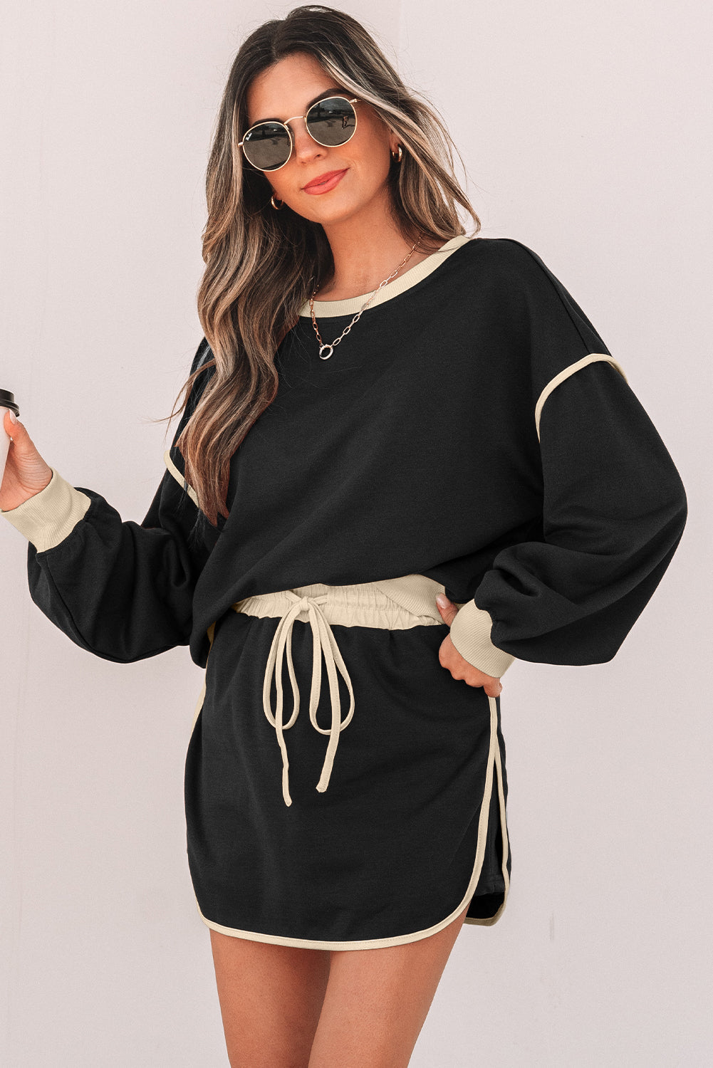 Colorblock Long Sleeve Top and Skort Set