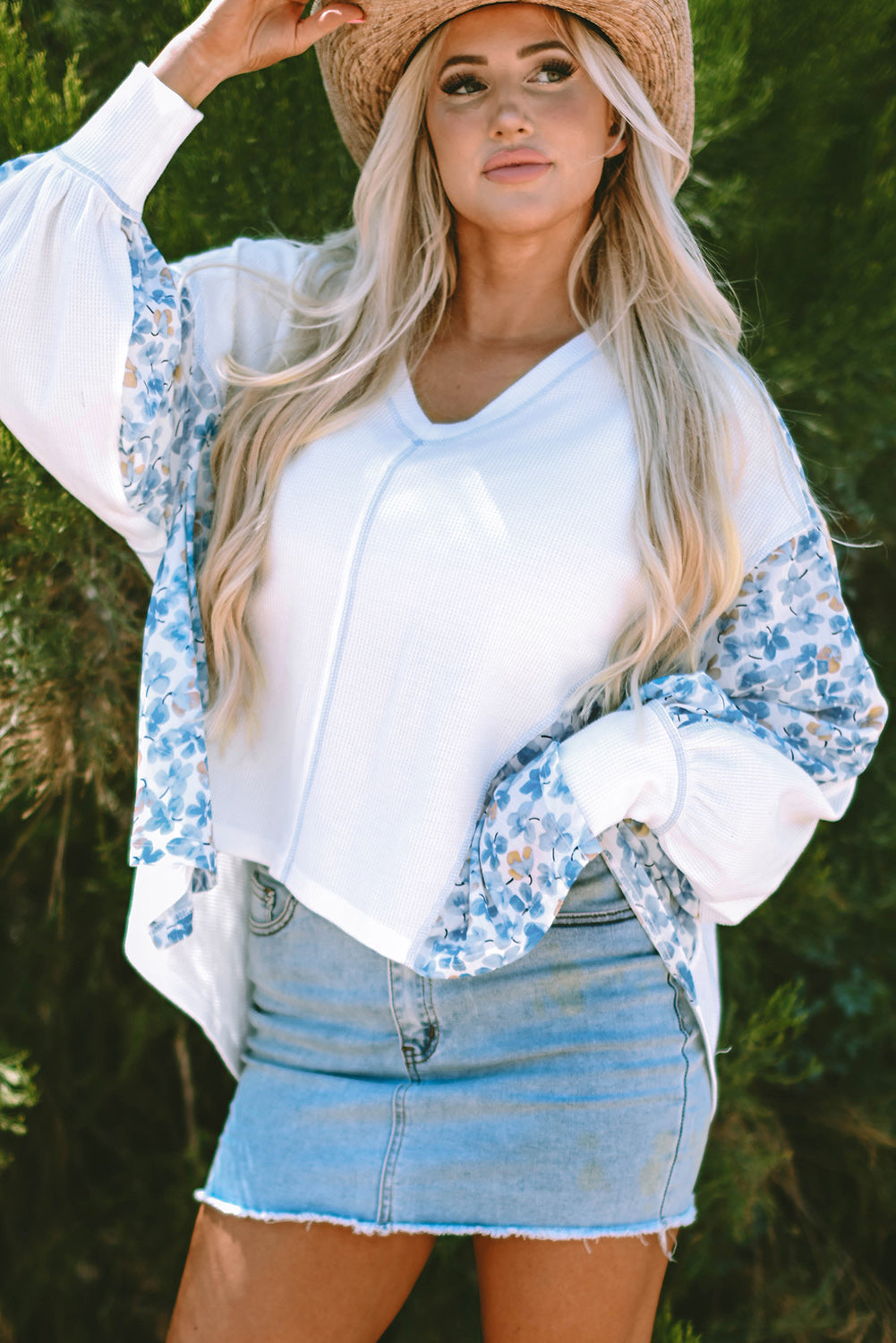 Floral Patchwork Batwing Sleeve V-Neck Blouse