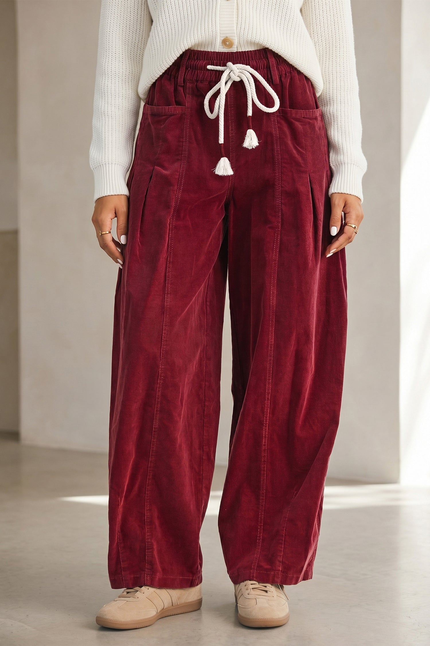 Corduroy Drawstring Waist Pleated Straight Leg Pants