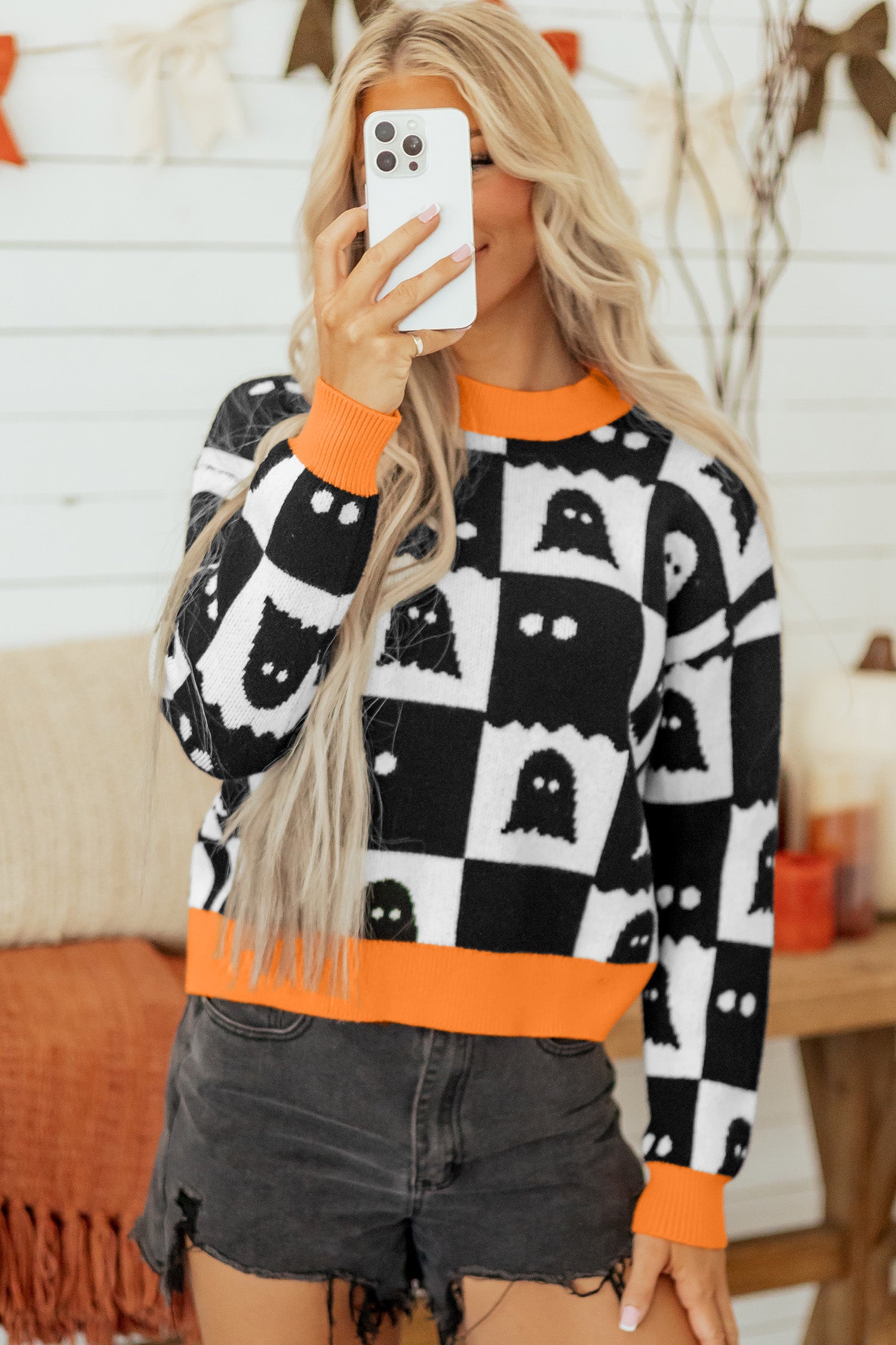 Halloween Ghost Checker High Neck Drop Shoulder Sweater