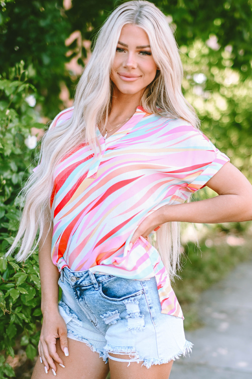 Abstract High Low Short Sleeve Blouse