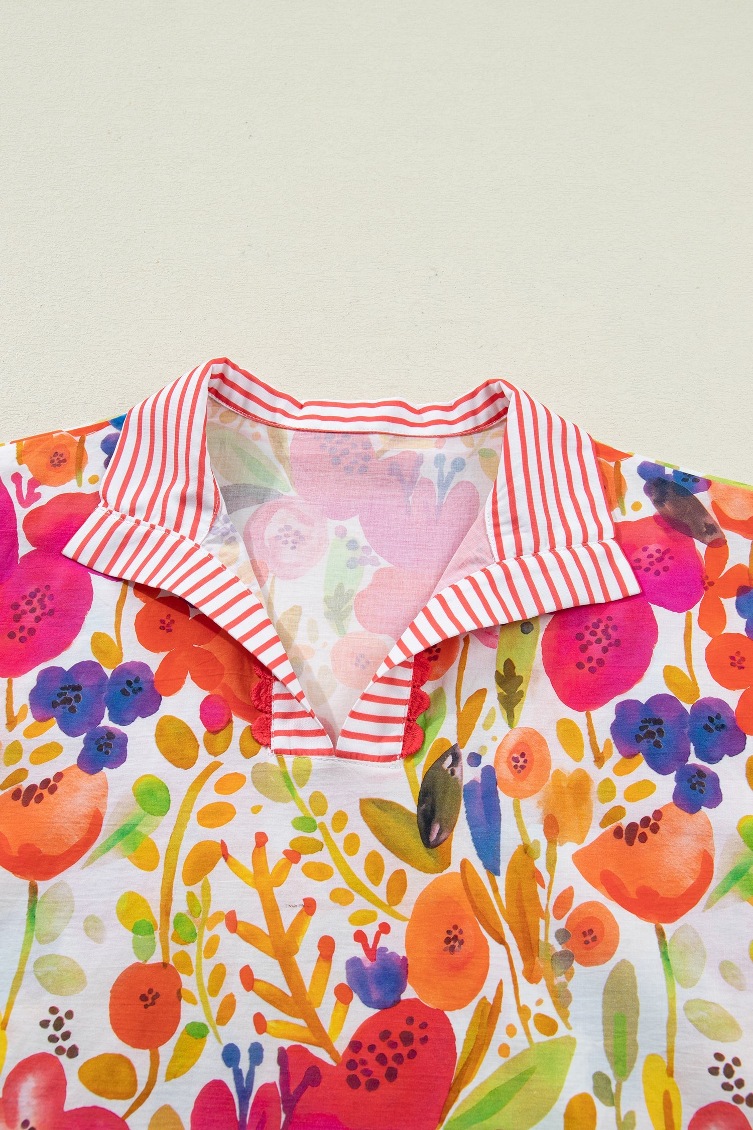 Floral Stripe Trim Collared V-Neck Blouse