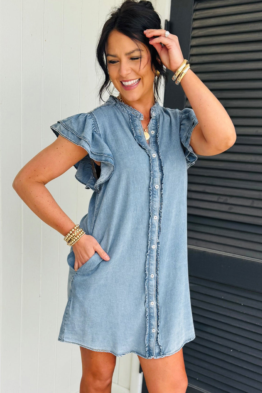 Solid Denim Frilled Ruffle Sleeve Buttoned Mini Dress