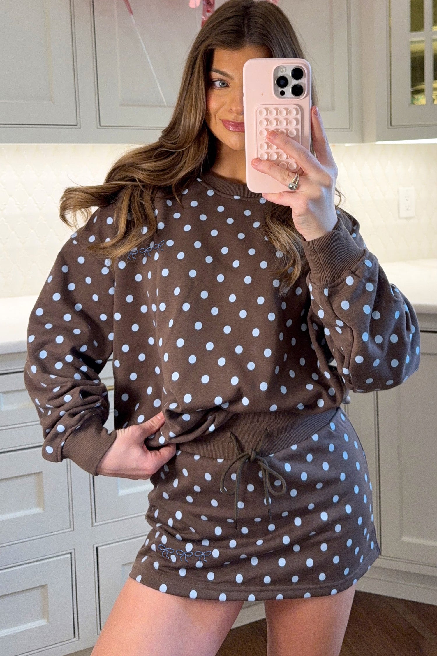 Polka Dot Long Sleeve Pullover & Bow Skort Set