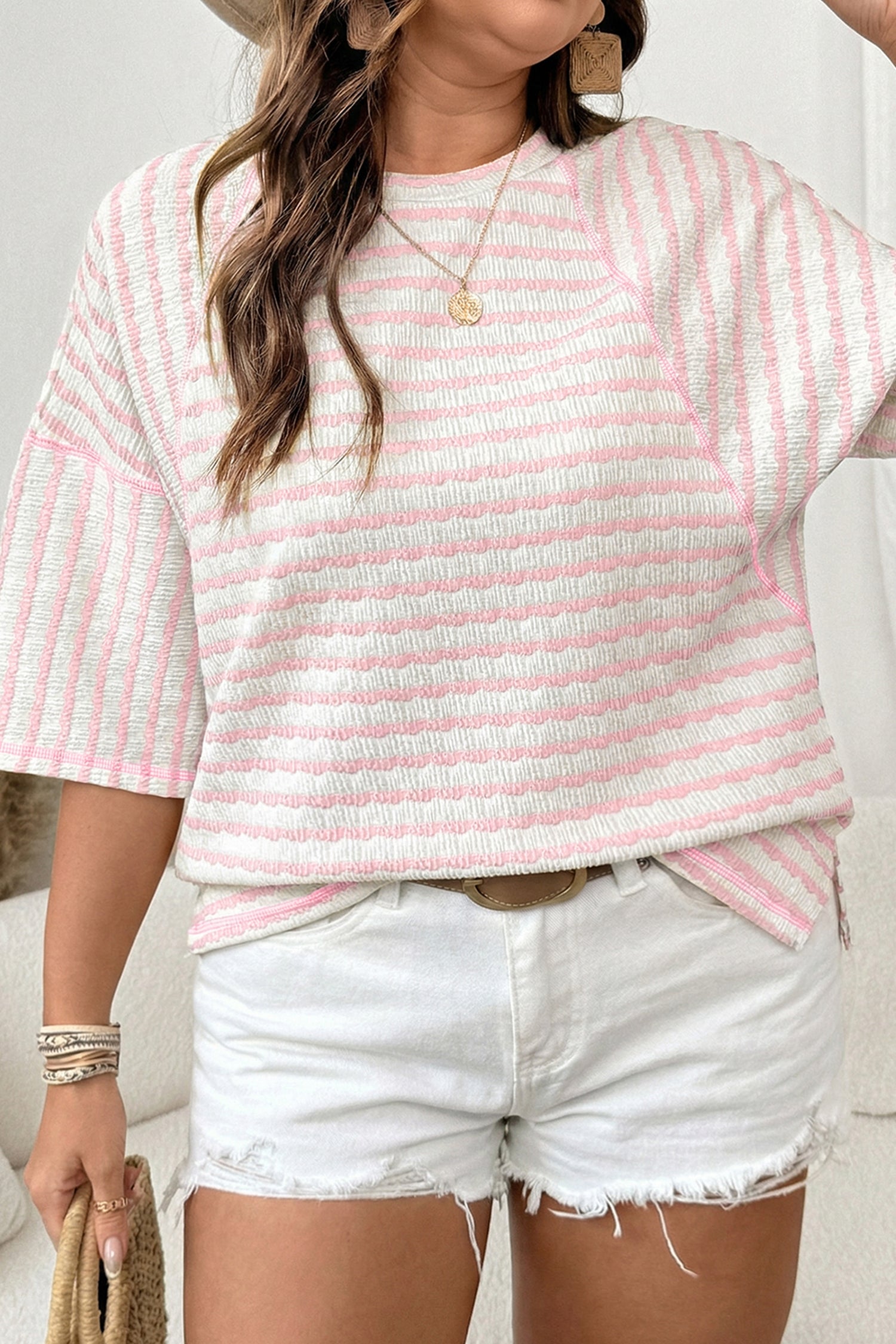 Plus Size Stripe Textured Patchwork 3/4 Sleeve Top