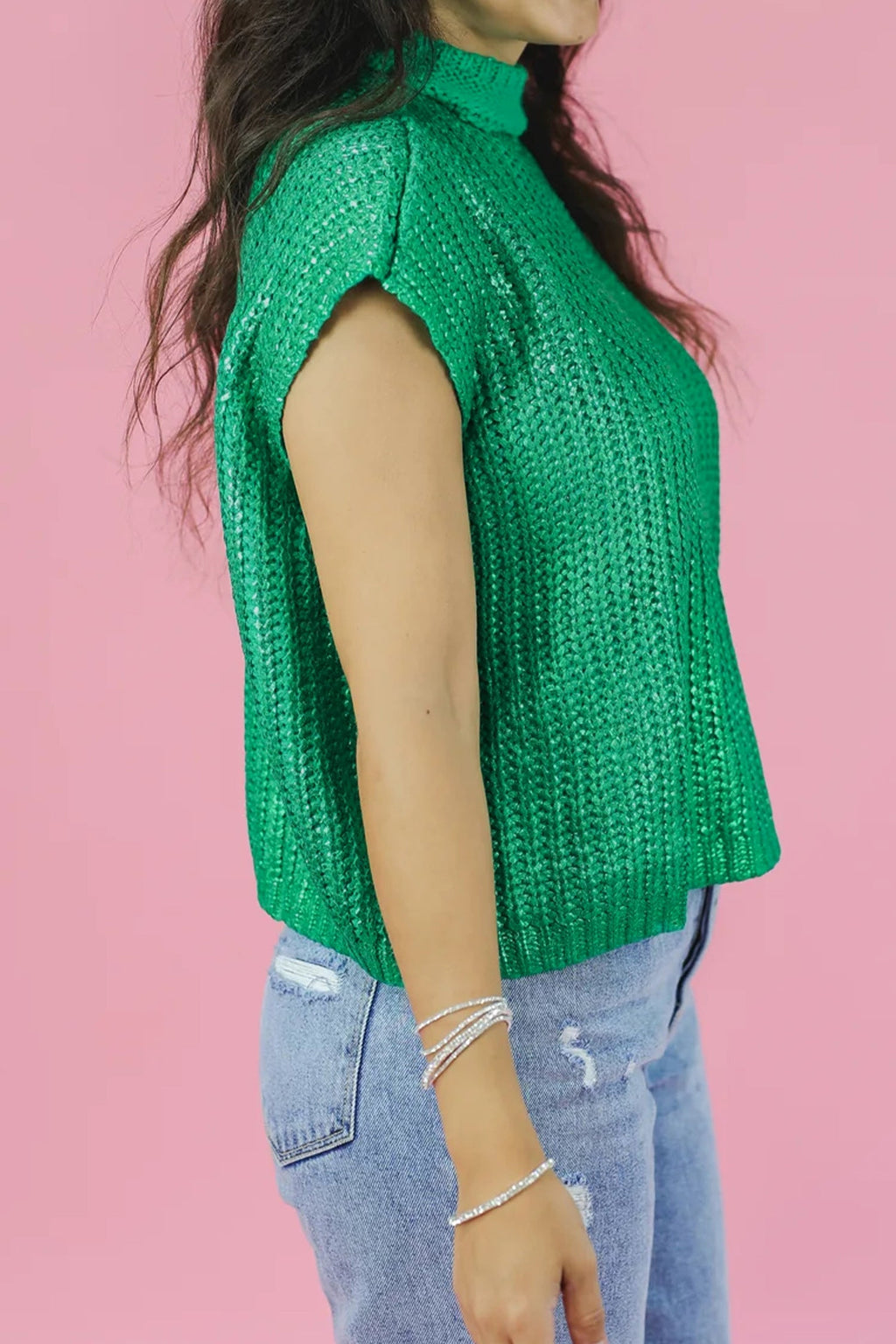 Solid Mock Neck Short Sleeve Knit Sweater