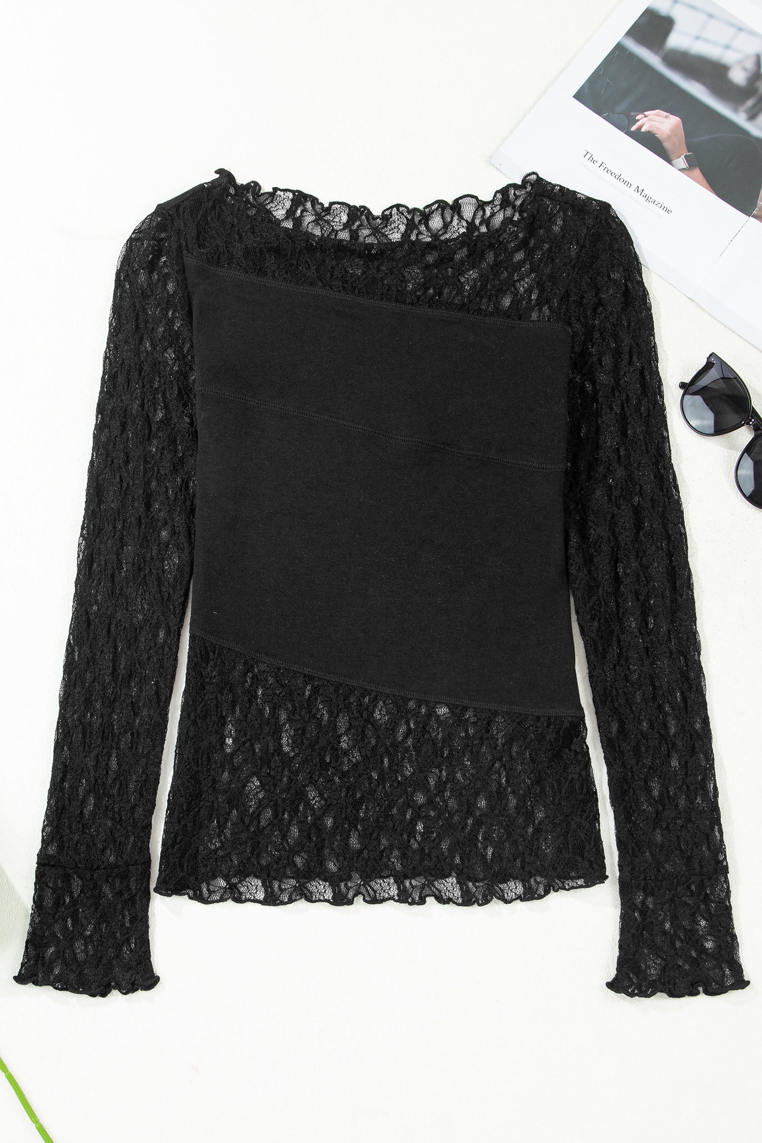 Sheer Lace Asymmetric Patchwork Long Sleeve Top