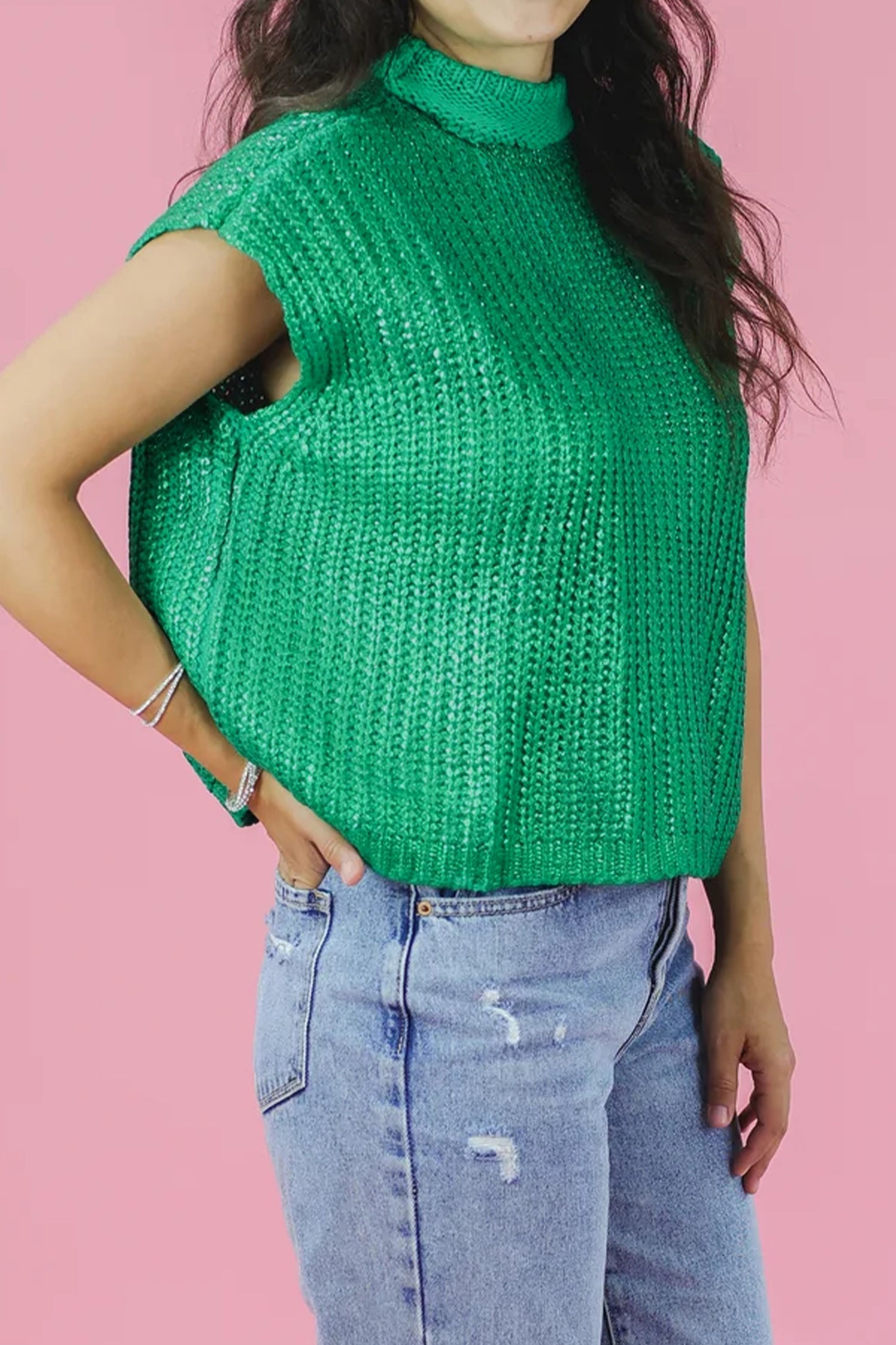 Solid Mock Neck Short Sleeve Knit Sweater