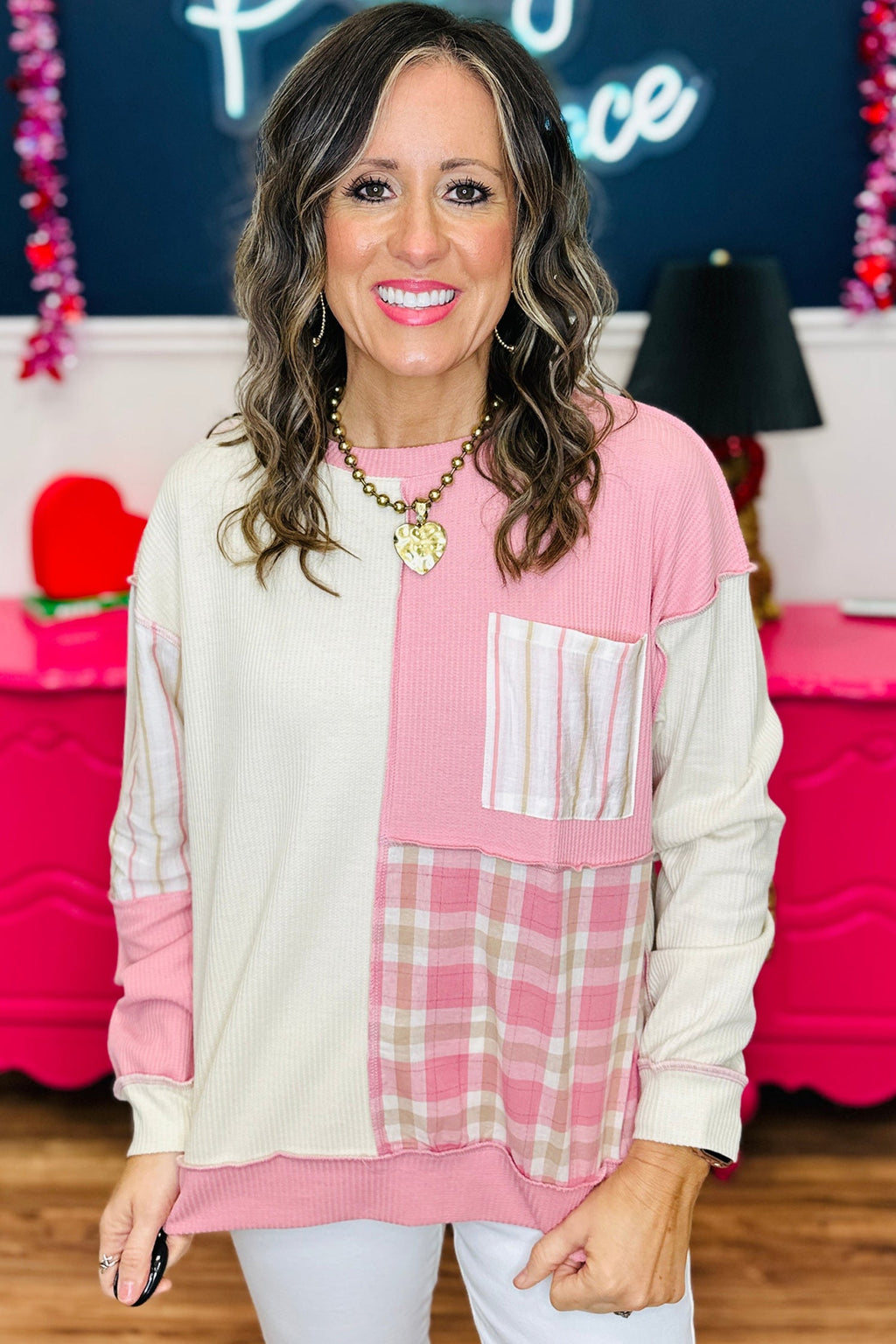 Plus Size Plaid Stripe Patchwork Long Sleeve Blouse