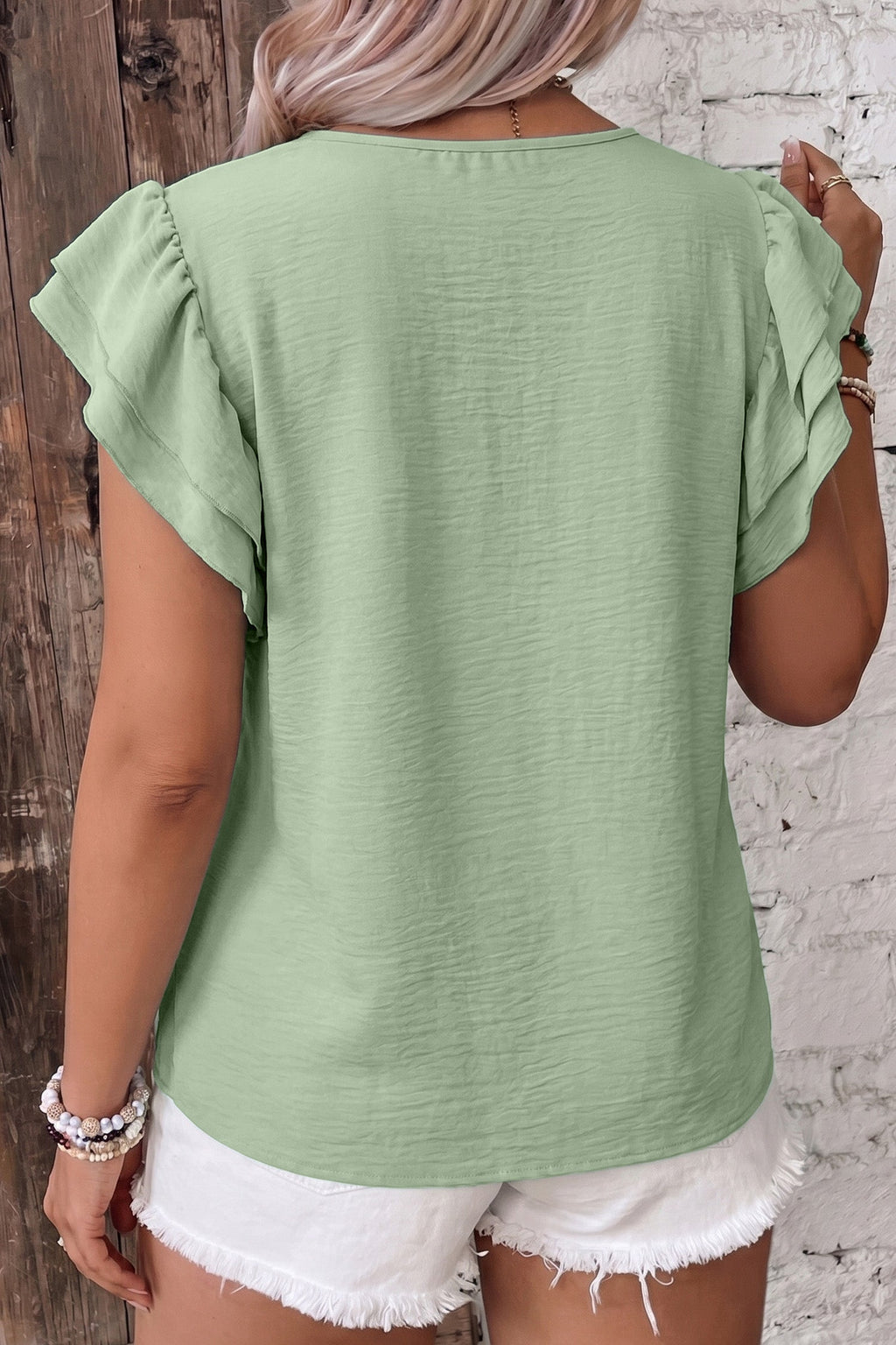 Plus Size Solid Crew Neck Ruffle Sleeve Top