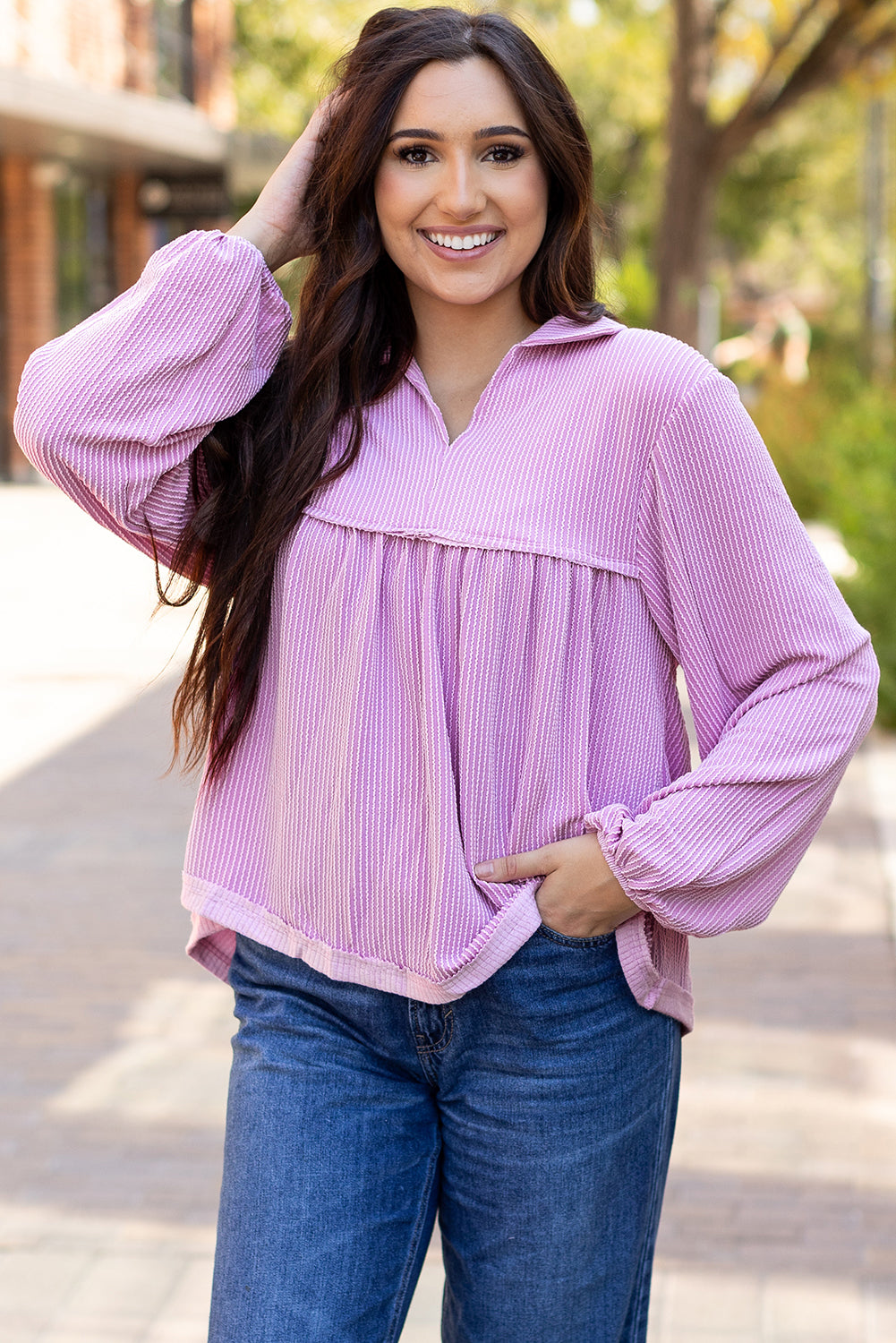 Corded V-Neck Bubble Sleeve Babydoll Blouse