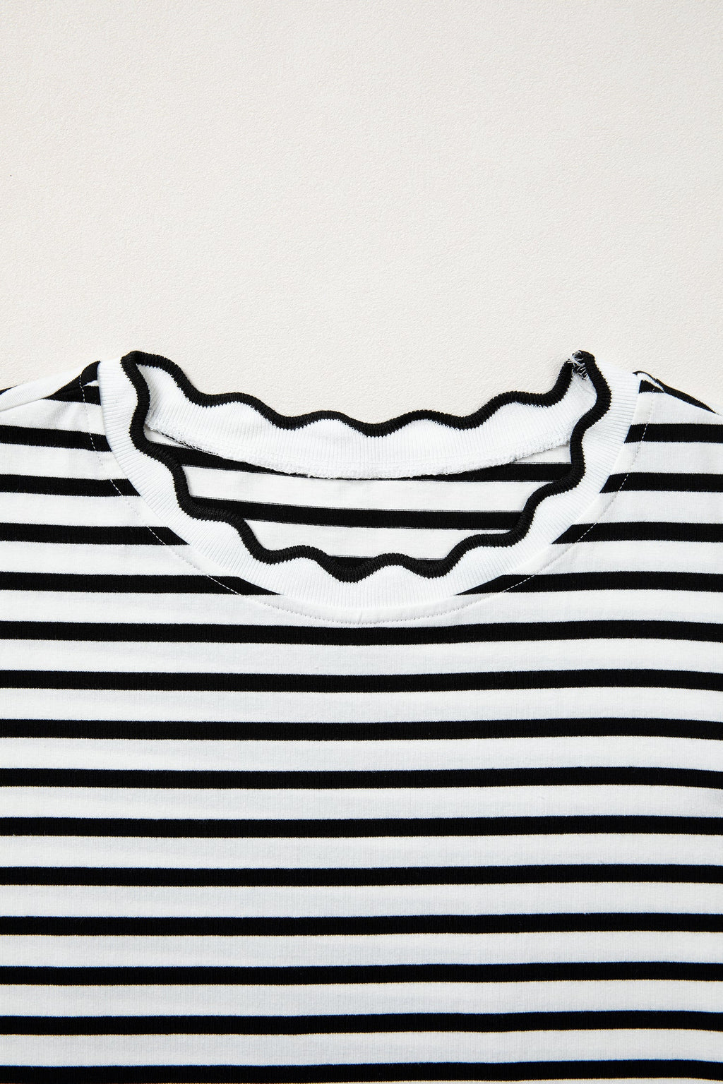 Stripe Scalloped Trim Round Neck T-Shirt