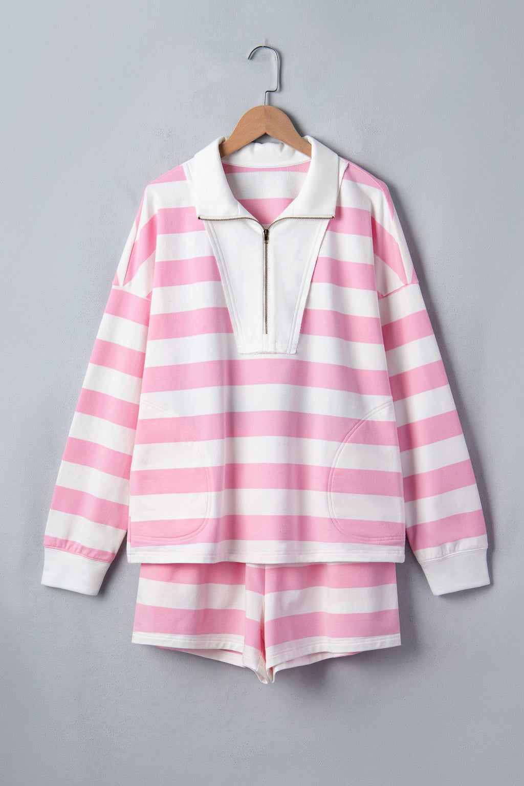 Stripe Patchwork Quarter Zip Pullover & Shorts Set