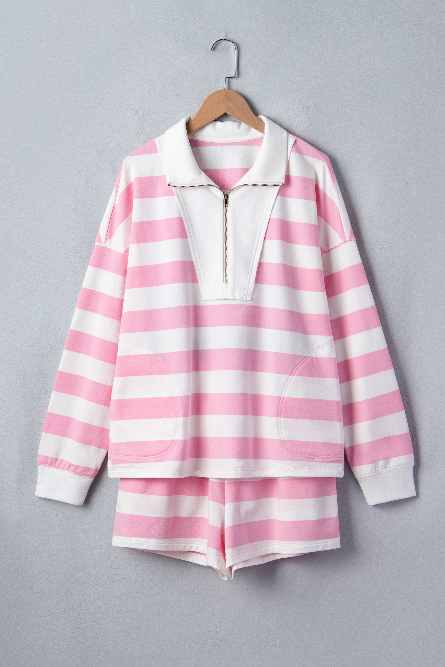 Stripe Patchwork Quarter Zip Pullover & Shorts Set