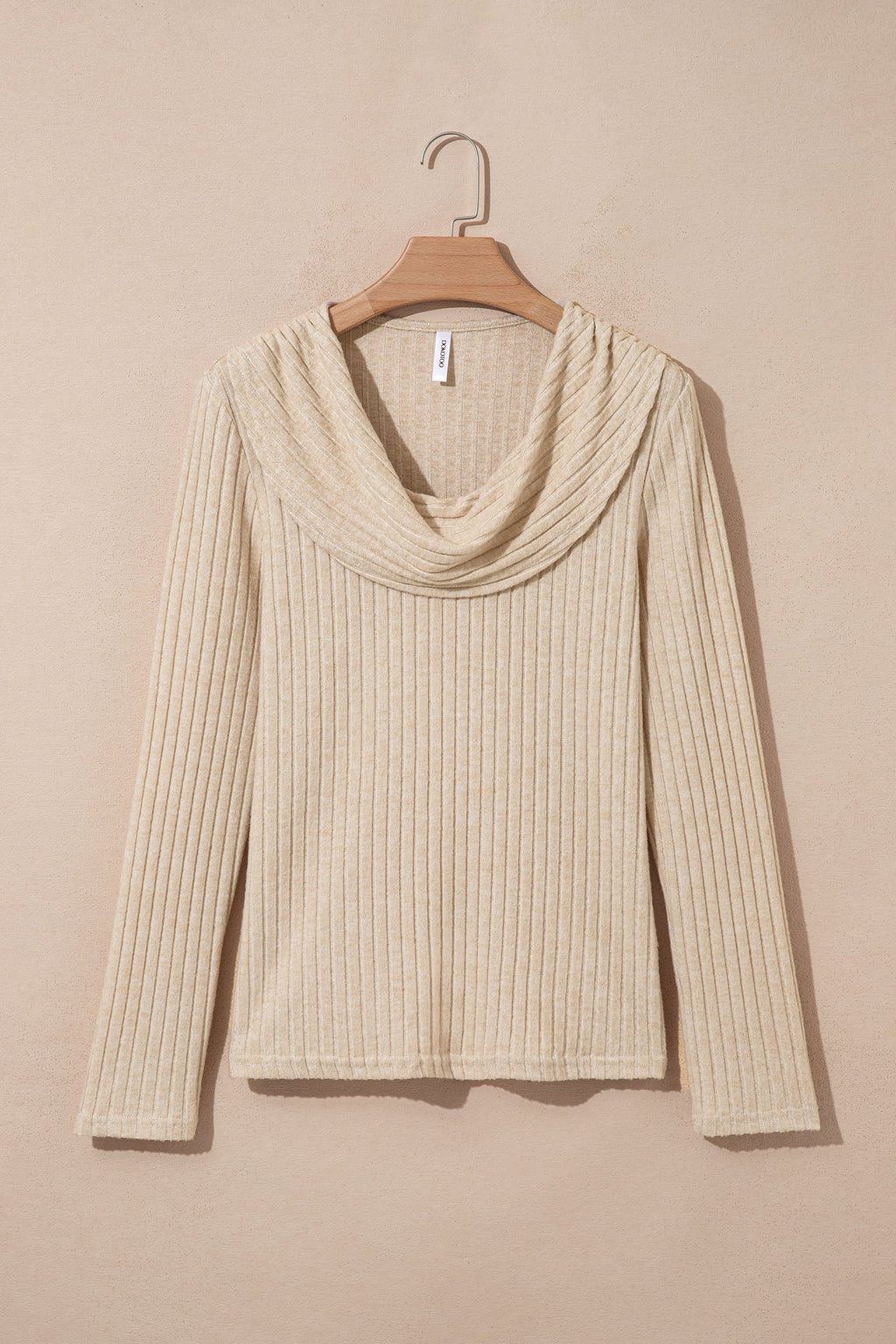 Solid Ribbed Knit Cowl Neck Long Sleeve Top