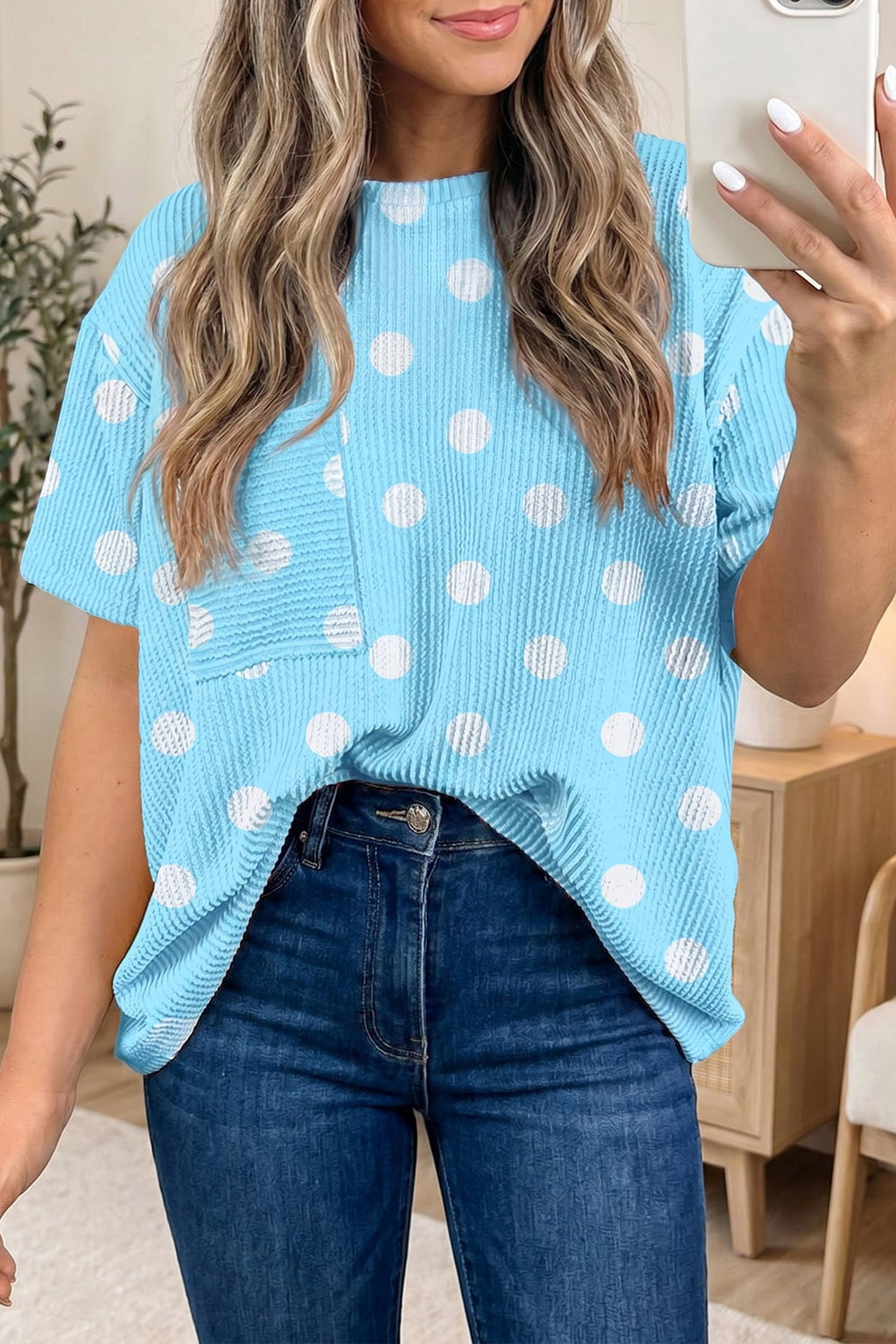 Polka Dot Patch Pocket Drop Shoulder Textured Top