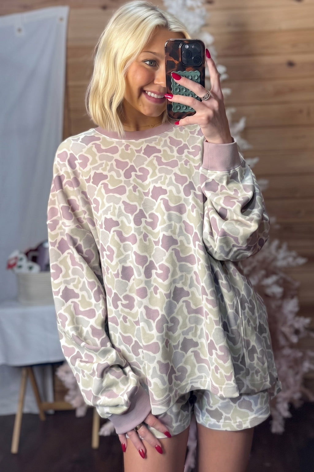 Camo Waffle Knit Long Sleeve Top & Shorts Set
