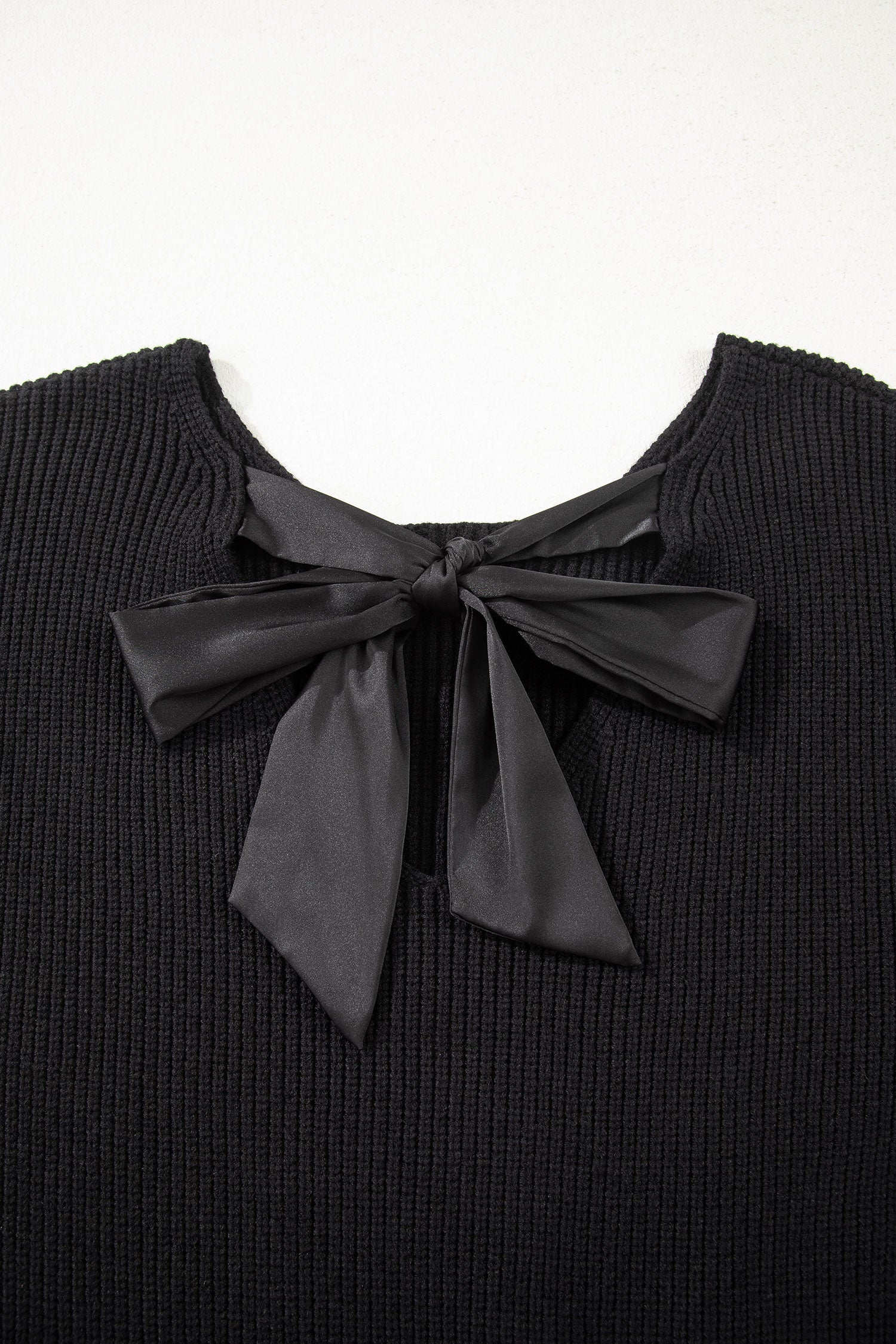 Ribbon Knot Backless Drop Shoulder Ribbed Sweater