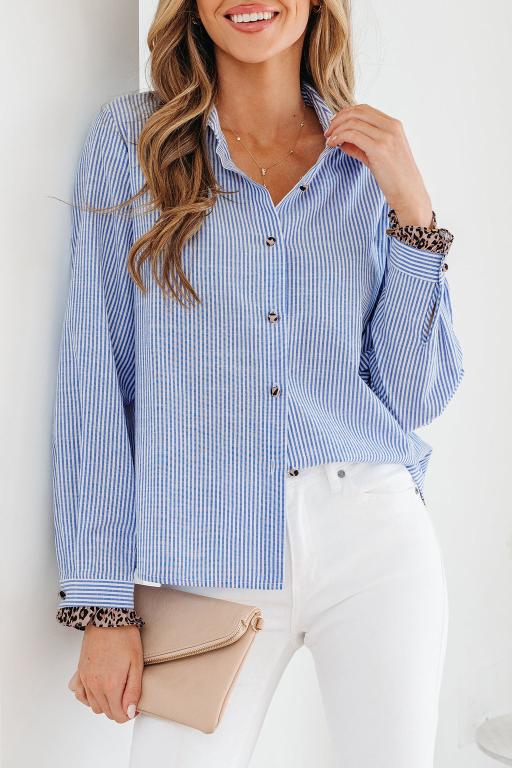 Stripe Leopard Ruffle Long Sleeve Buttoned Shirt