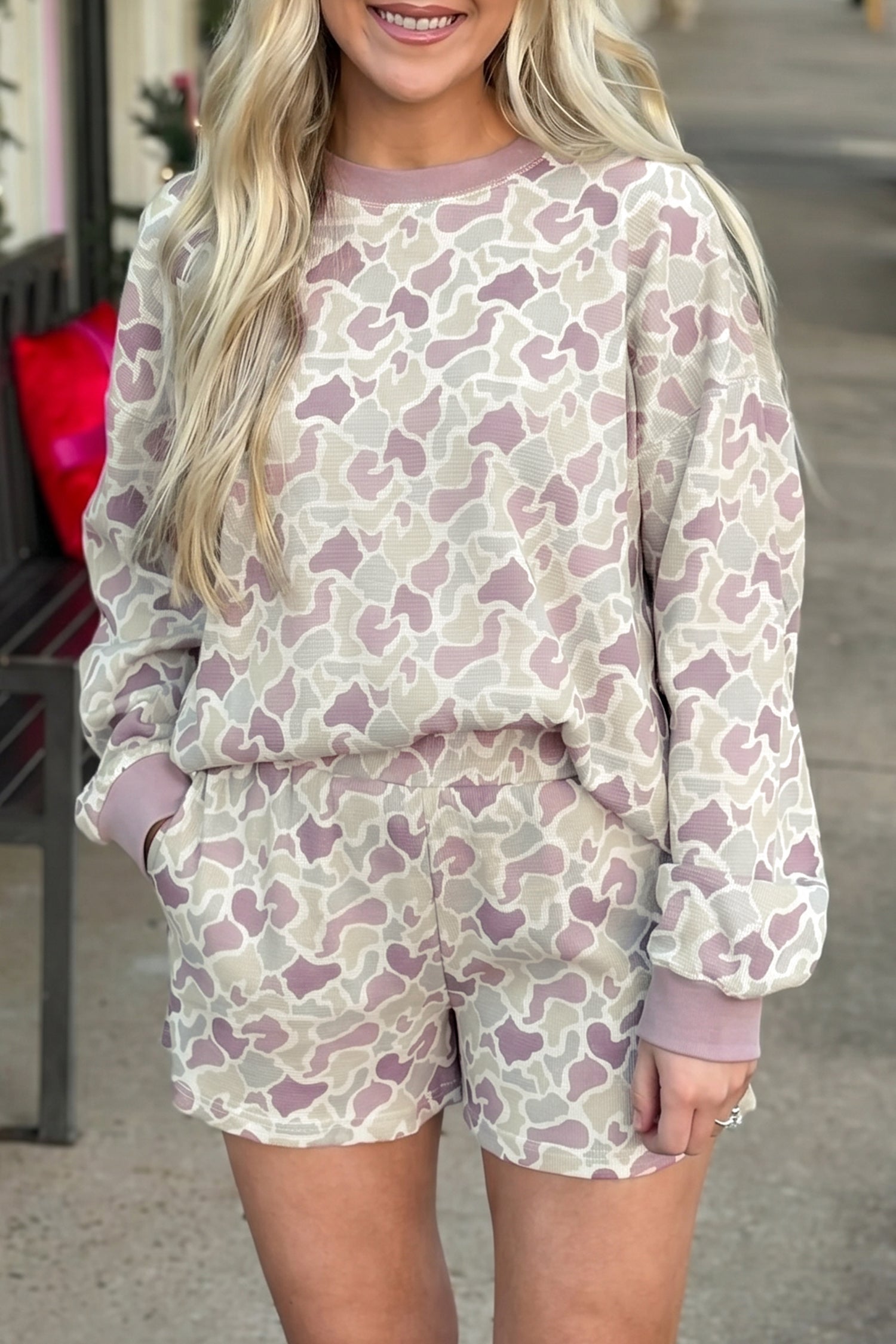 Camo Waffle Knit Long Sleeve Top & Shorts Set