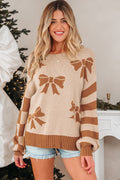 Bow Checker Stripe Patchwork Sleeve Sweater