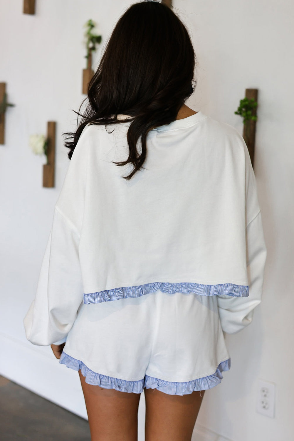Ruffle Trim Patchwork Pullover and Shorts Set