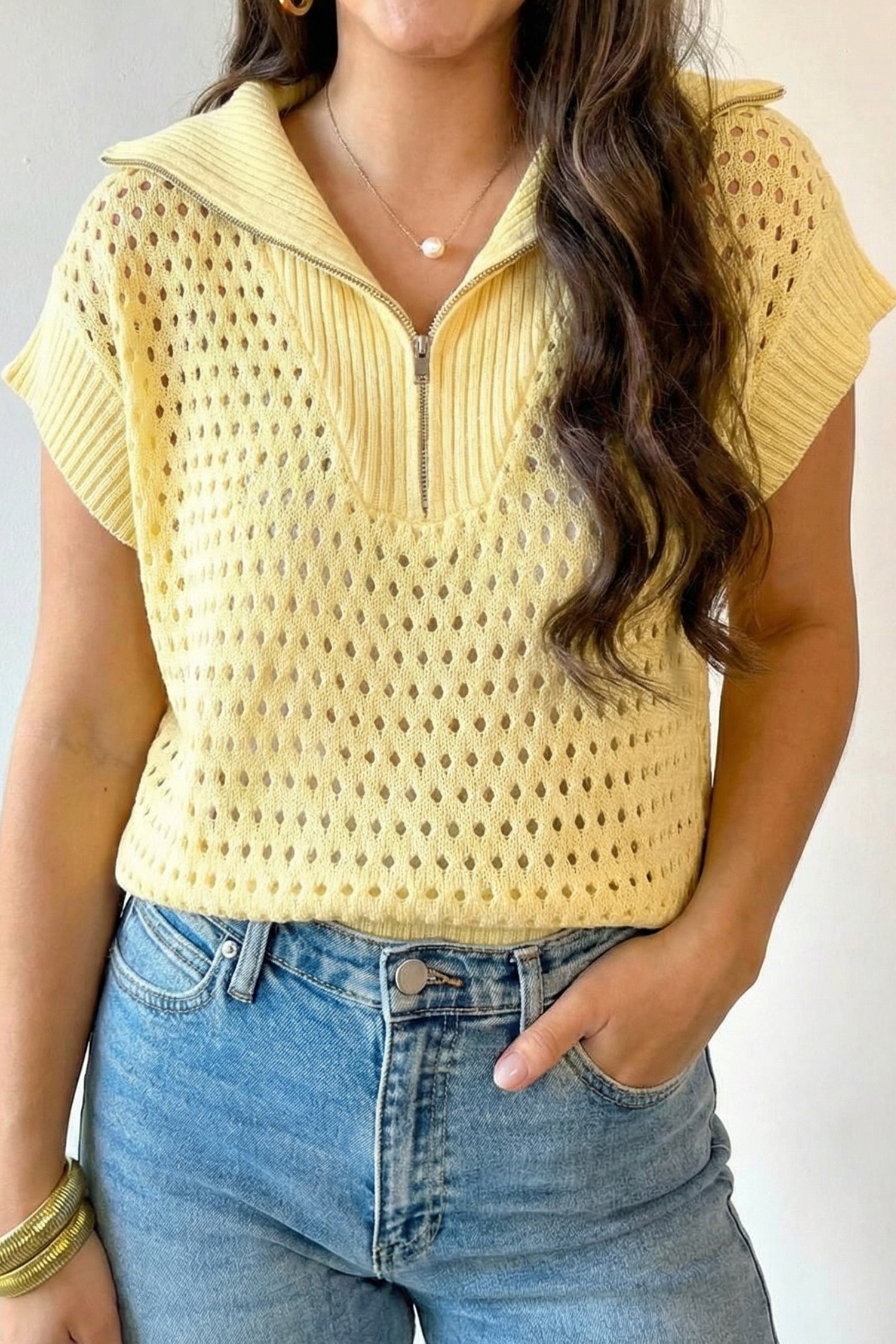 Solid Hollowed Knit Zipped Collar Short Sleeve Top