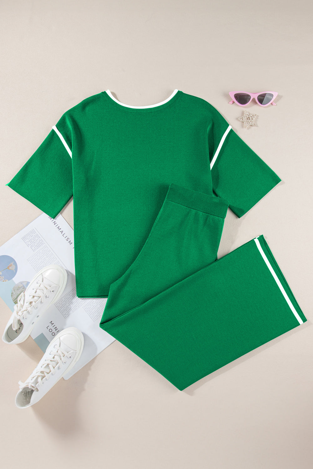 Contrast Trim Top and Drawstring Pants Set