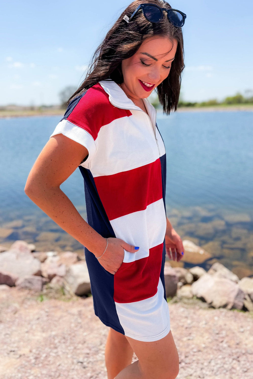 Americana Colorblock Stripe Zip Collar Mini Dress