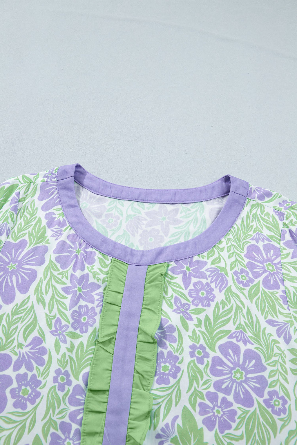 Floral Ruffle Colorblock Trim Short Sleeve Blouse