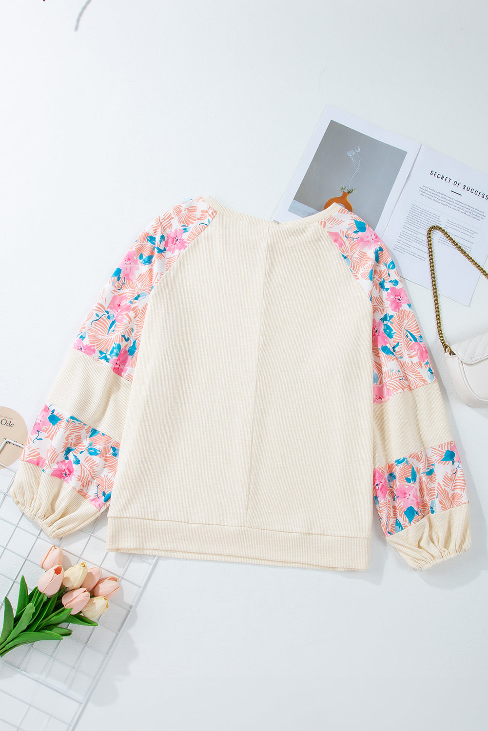 Plus Size Floral Patchwork Sleeve Crewneck Top