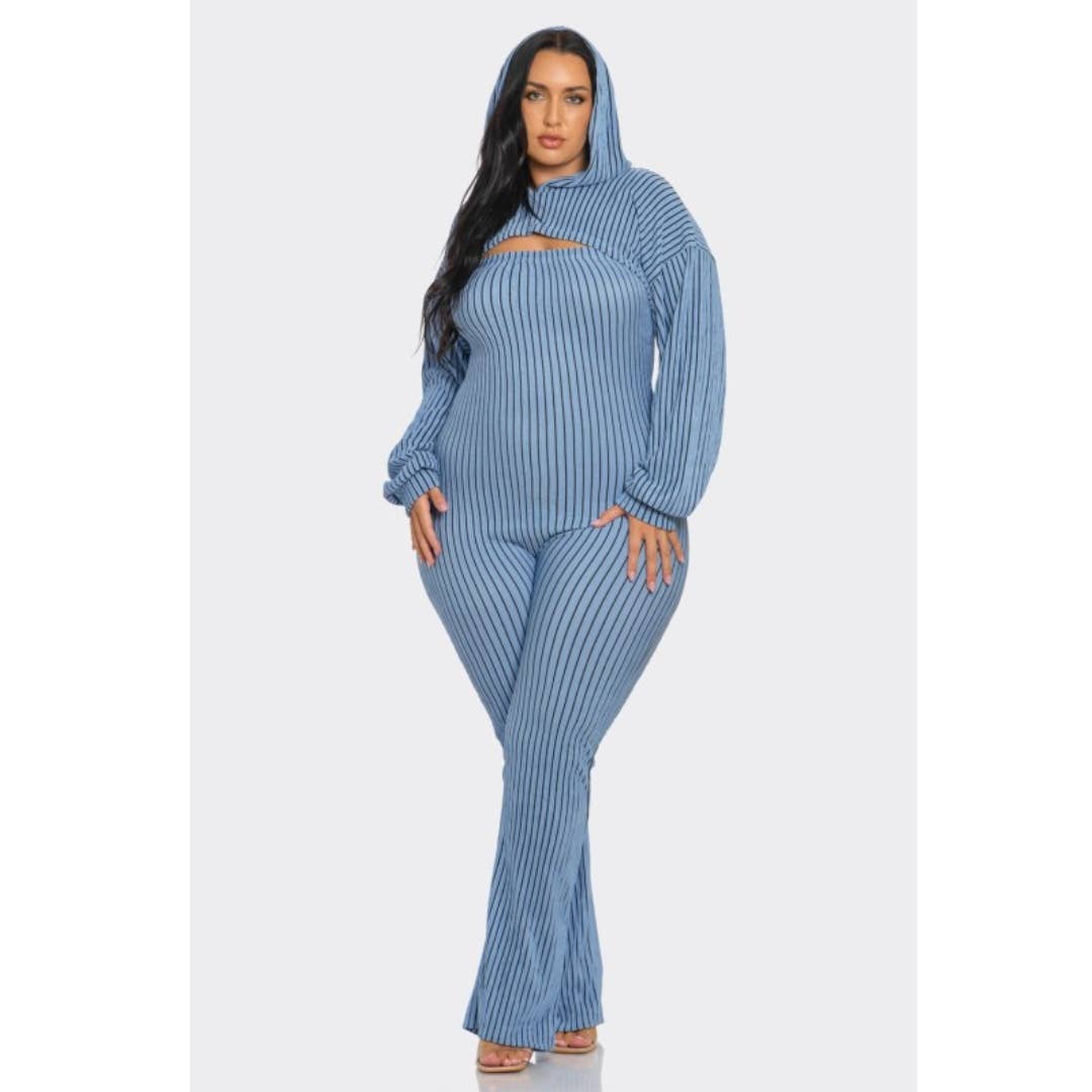 Plus Size 2 piece Strapless Jumpsuit Hoodie: Blue / 1X