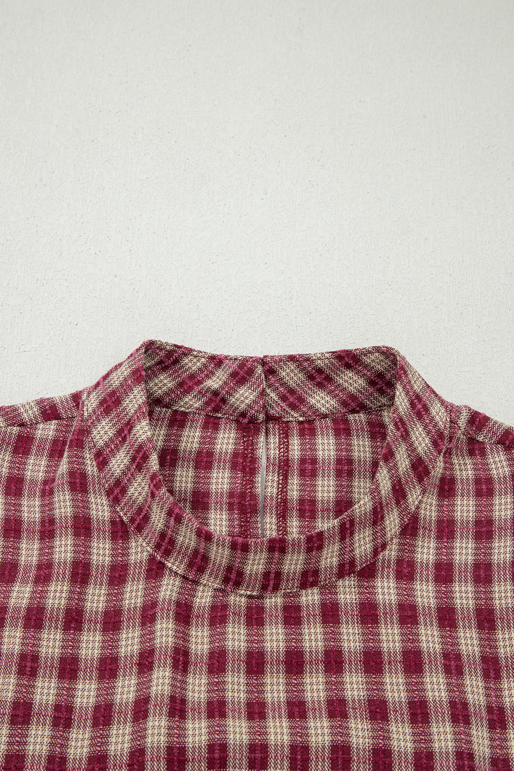 Plaid Button Keyhole Pleated Long Sleeve Blouse
